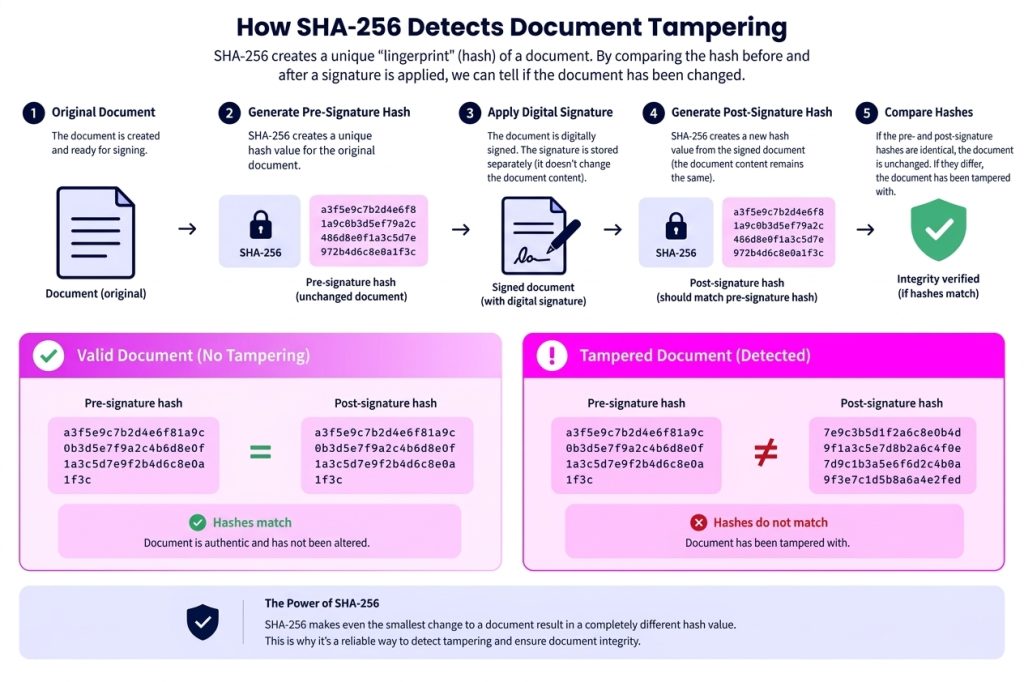how SHA-256 cryptographic hashing detects document tampering by comparing pre-signature and post-signature hash values
