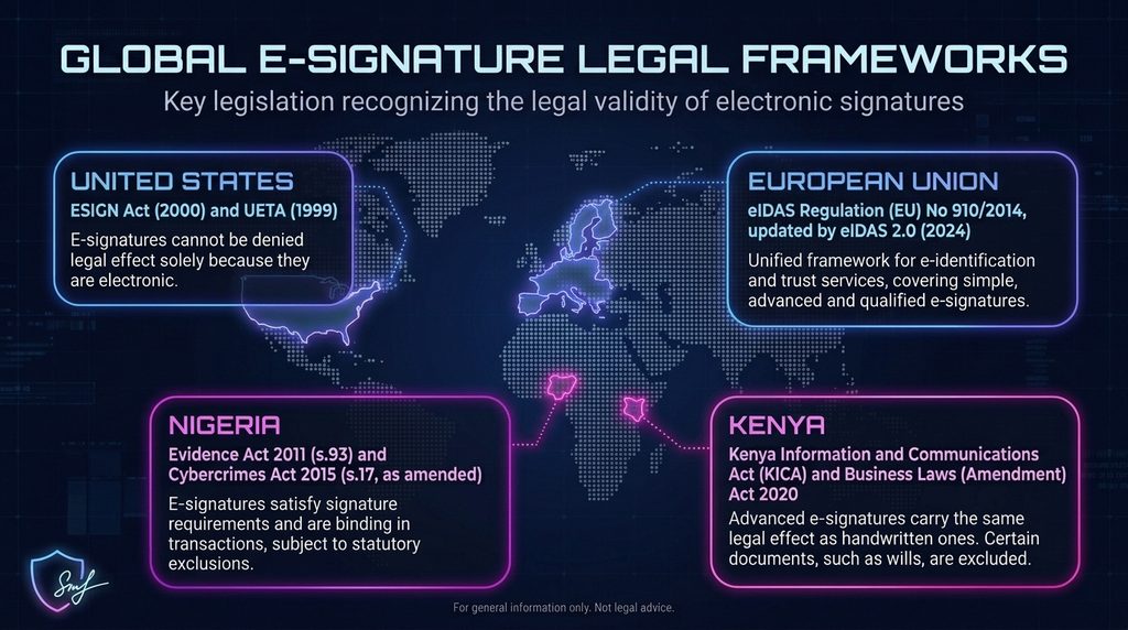 World map infographic highlighting statutory e-signature frameworks: US ESIGN Act/UETA, EU eIDAS, and African statutes like the Nigerian Evidence Act and Kenya KIDA